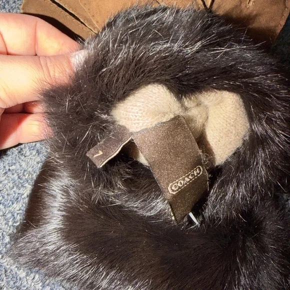 Coach Brown Suede Gloves with Black Faux Fur Cuff and Buckle - Picture 3 of 6